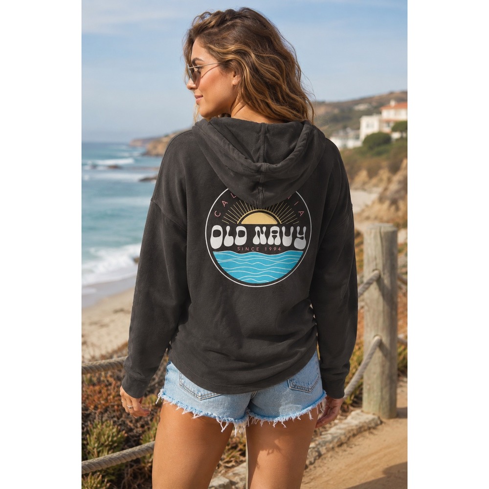 Old Navy Womens California Graphic Hoodie Washed Charcoal‎ V-Neck Sweatshirt Med
